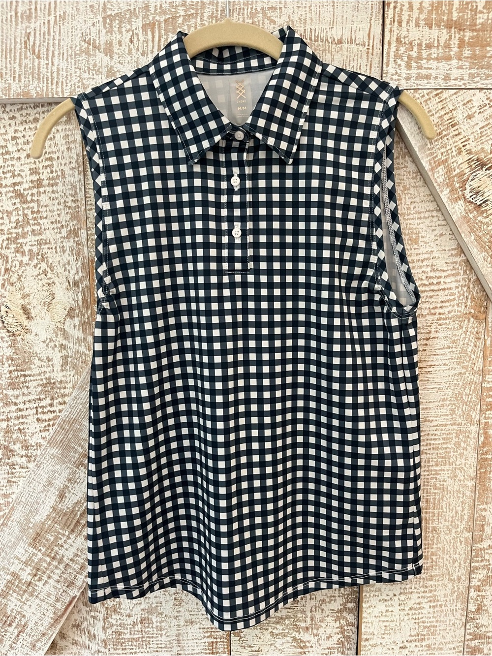 Rhone Women’s Navy and White Gingham Button Sleeveless Polo Size Medium